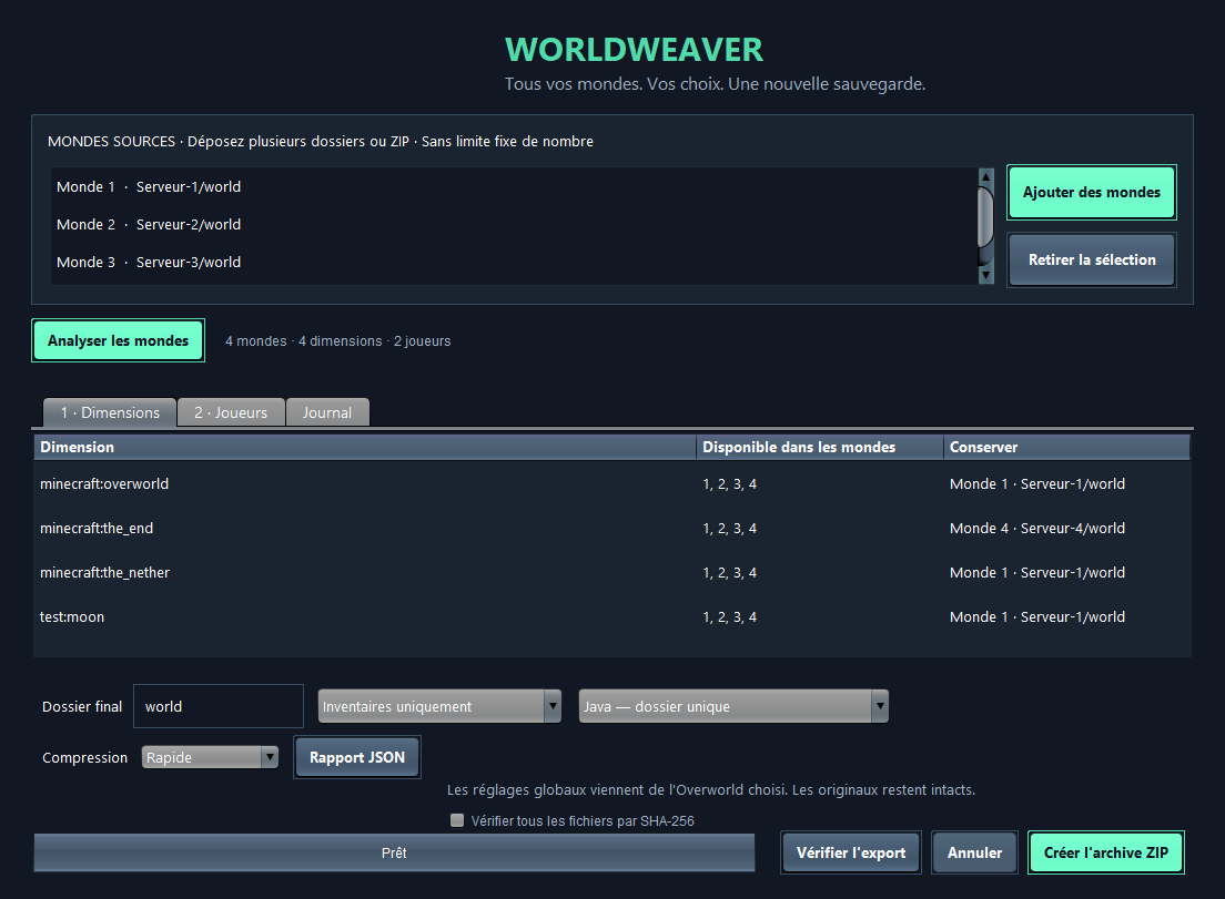 Interface WorldWeaver montrant la sélection des dimensions entre quatre mondes